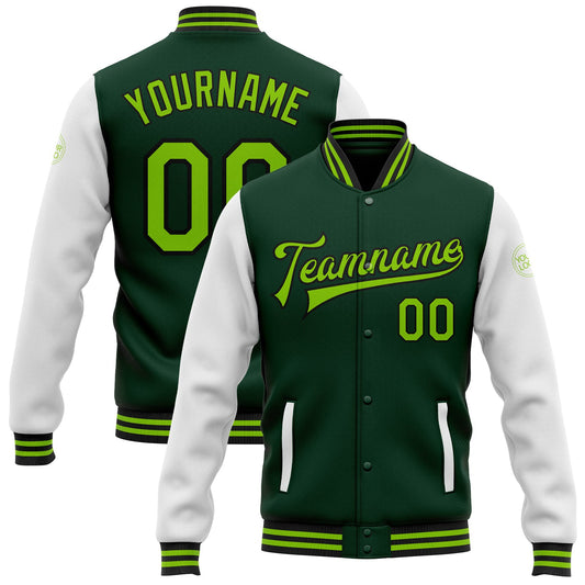 Custom Green Neon Green-Black Bomber Full-Snap Varsity Letterman Two Tone Jacket - Main View