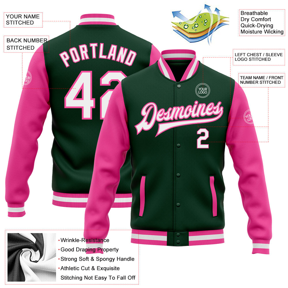 Custom Green White-Pink Bomber Full-Snap Varsity Letterman Two Tone Jacket view 5
