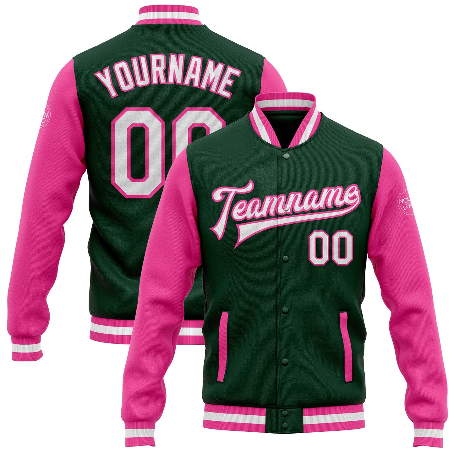 Custom Green White-Pink Bomber Full-Snap Varsity Letterman Two Tone Jacket - Main View