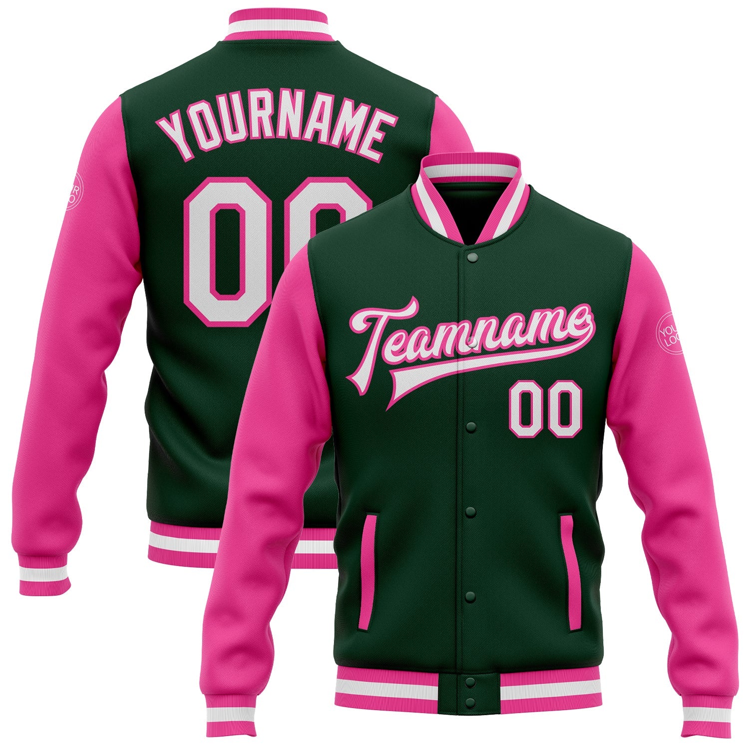 Custom Green White-Pink Bomber Full-Snap Varsity Letterman Two Tone Jacket - Main View