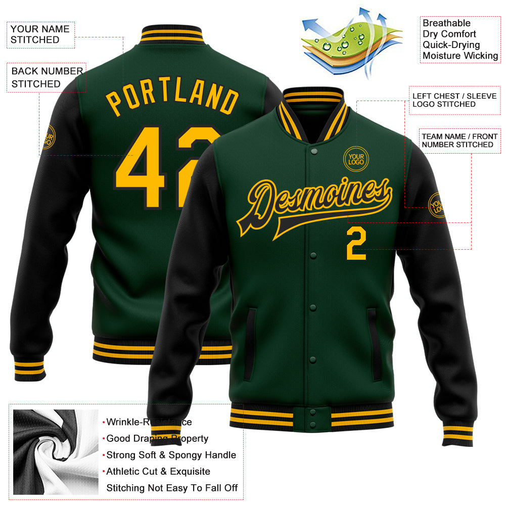Custom Green Gold-Black Bomber Full-Snap Varsity Letterman Two Tone Jacket view 5