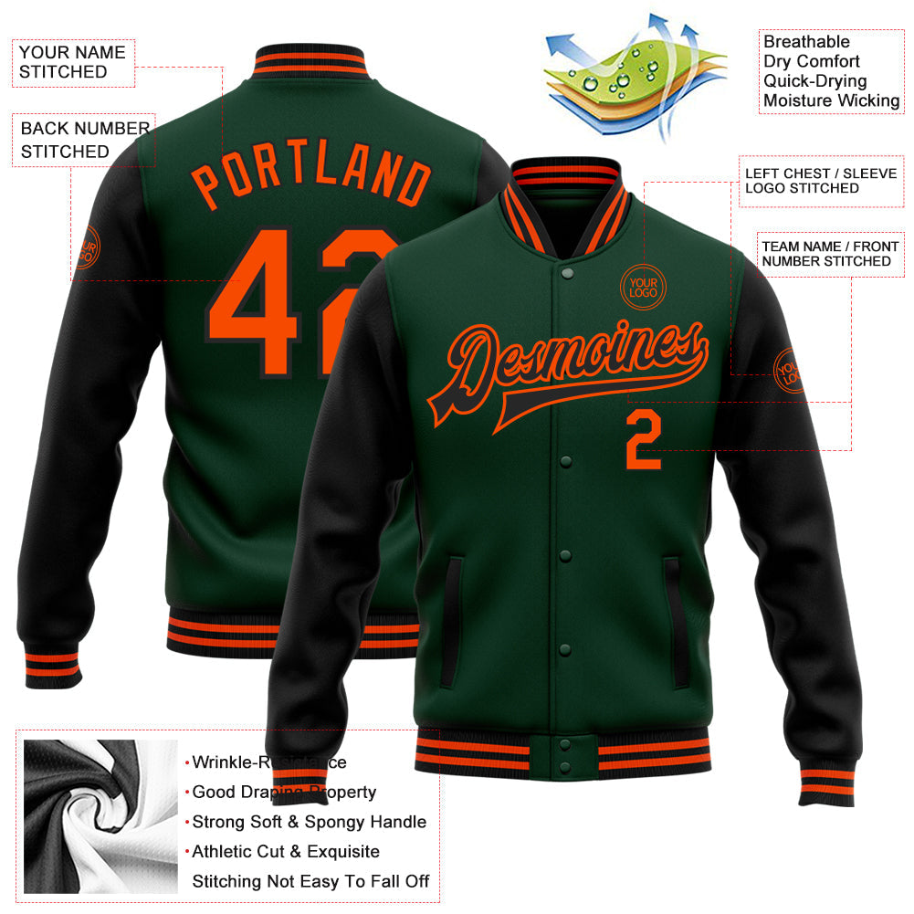 Custom Green Orange-Black Bomber Full-Snap Varsity Letterman Two Tone Jacket view 5