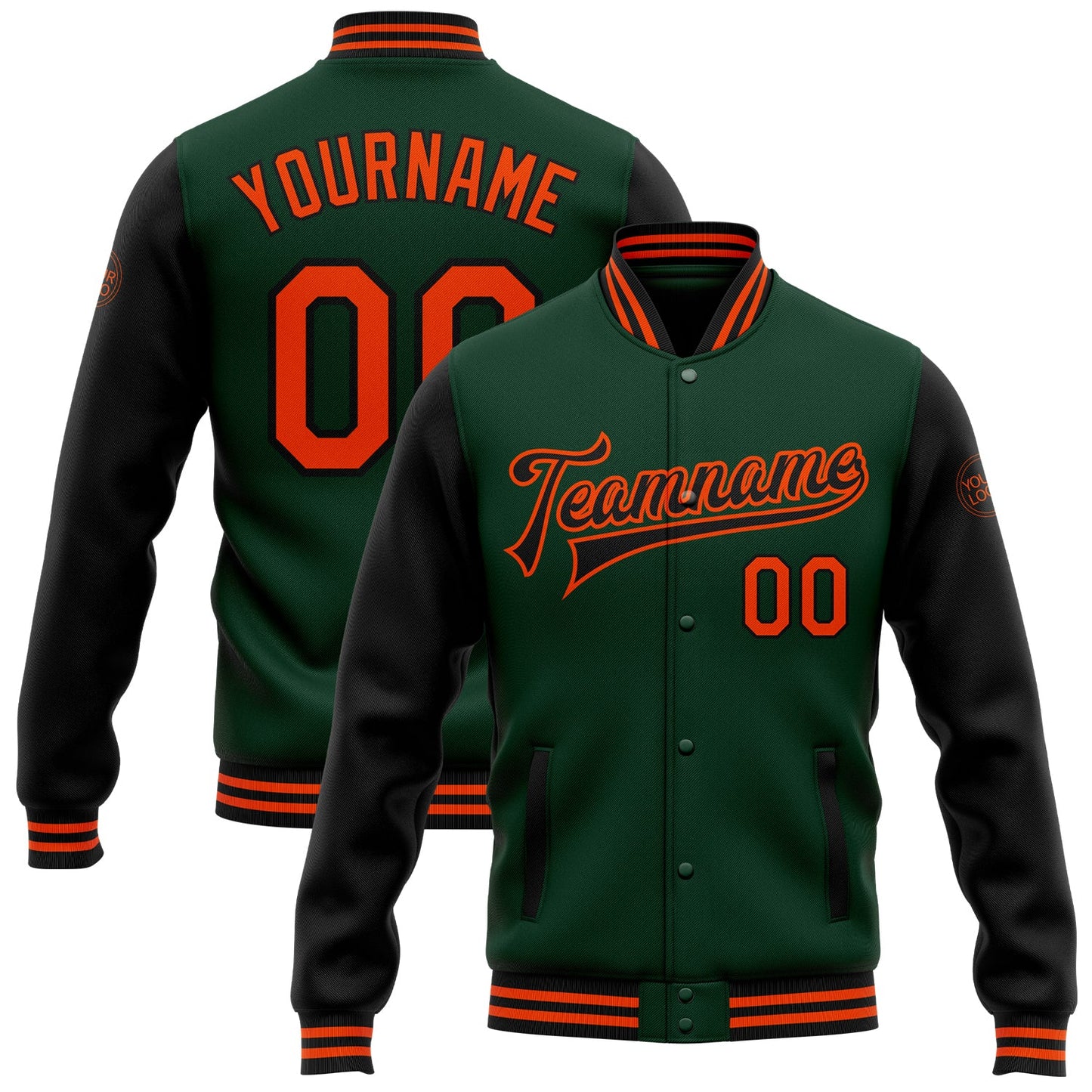 Custom Green Orange-Black Bomber Full-Snap Varsity Letterman Two Tone Jacket - Main View