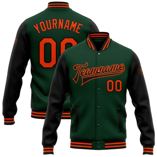 Custom Green Orange-Black Bomber Full-Snap Varsity Letterman Two Tone Jacket - Main View