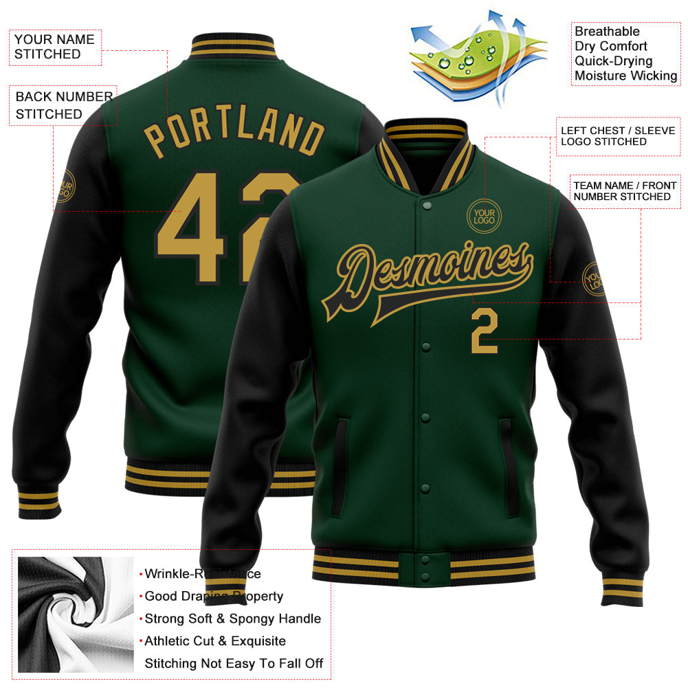 Custom Green Old Gold-Black Bomber Full-Snap Varsity Letterman Two Tone Jacket view 5