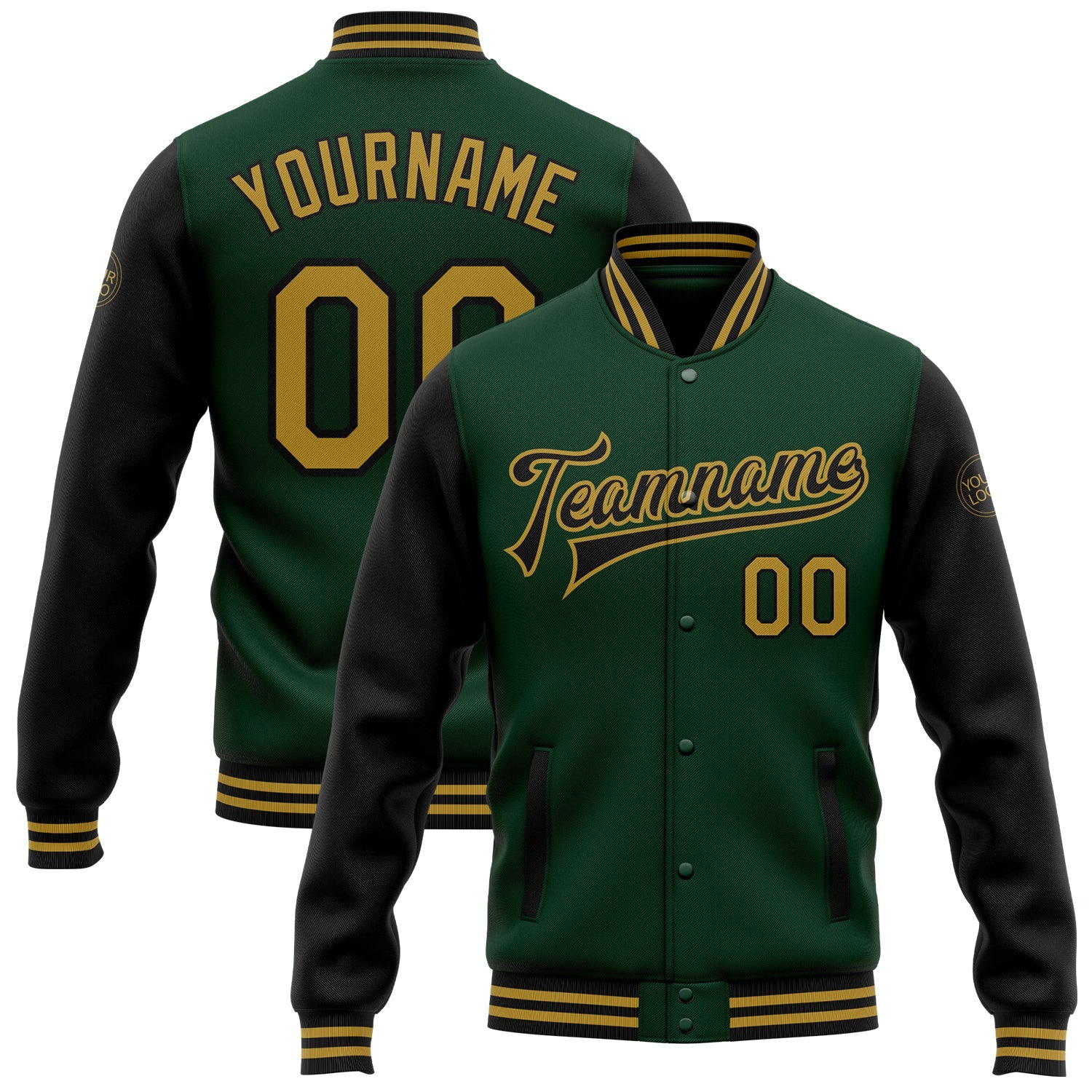 Custom Green Old Gold-Black Bomber Full-Snap Varsity Letterman Two Tone Jacket - Main View