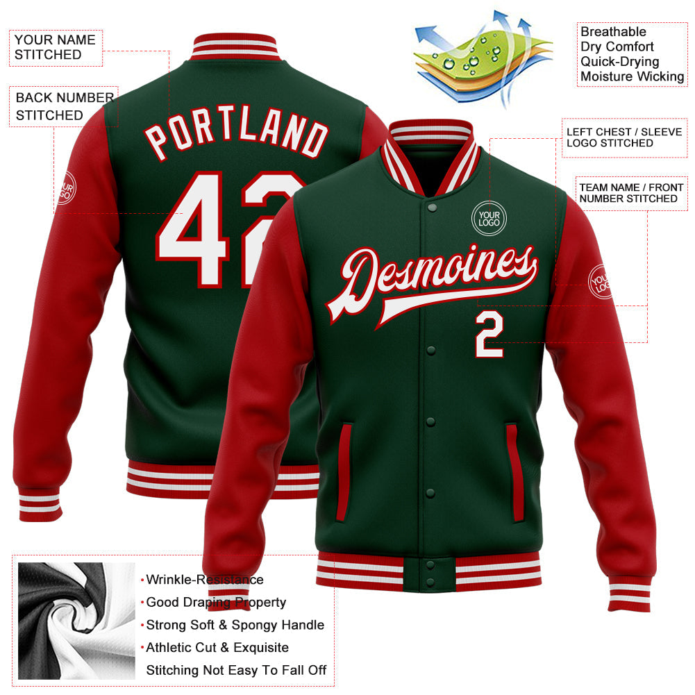 Custom Green White-Red Bomber Full-Snap Varsity Letterman Two Tone Jacket view 5