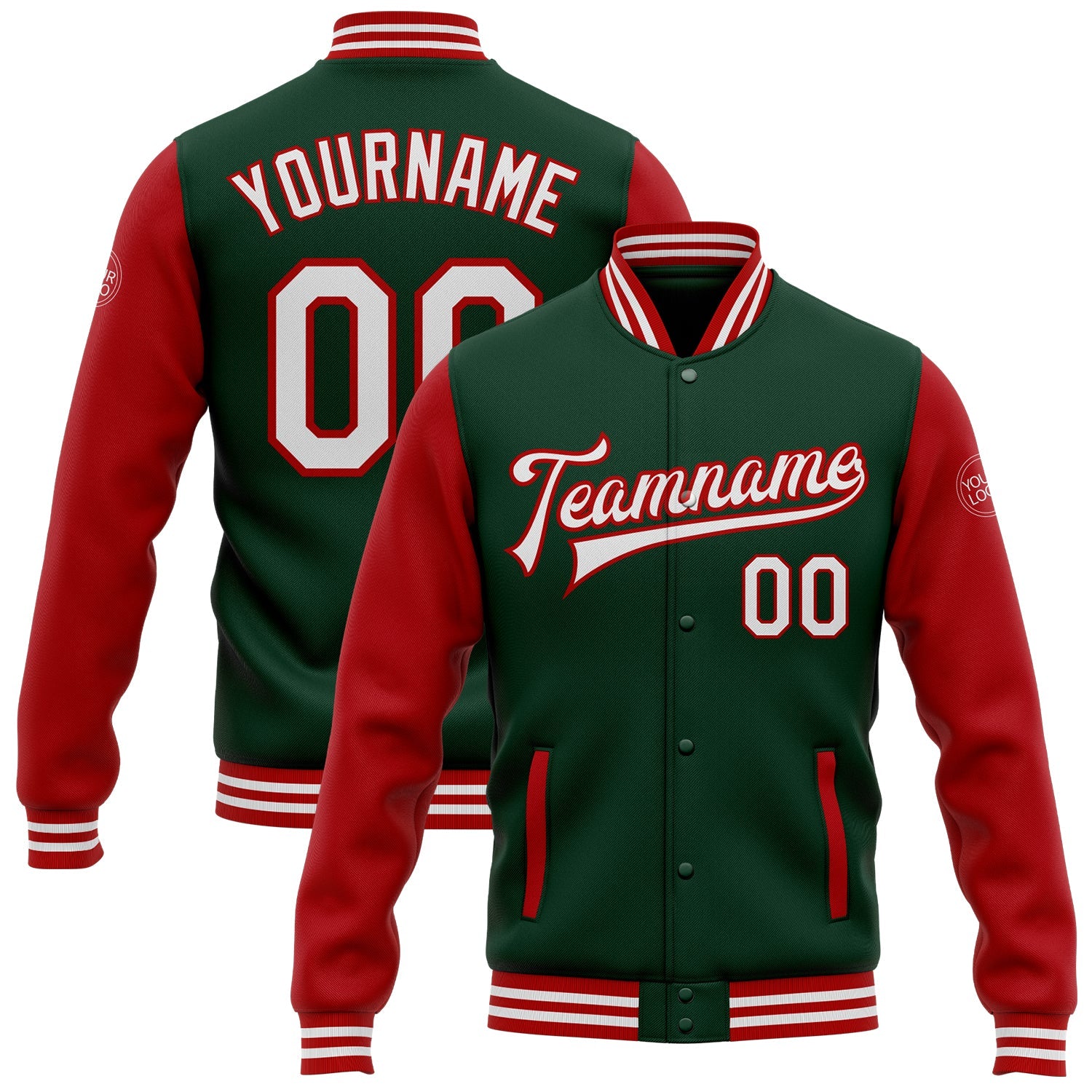 Custom Green White-Red Bomber Full-Snap Varsity Letterman Two Tone Jacket - Main View