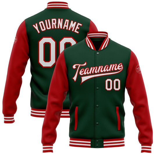 Custom Green White-Red Bomber Full-Snap Varsity Letterman Two Tone Jacket - Main View
