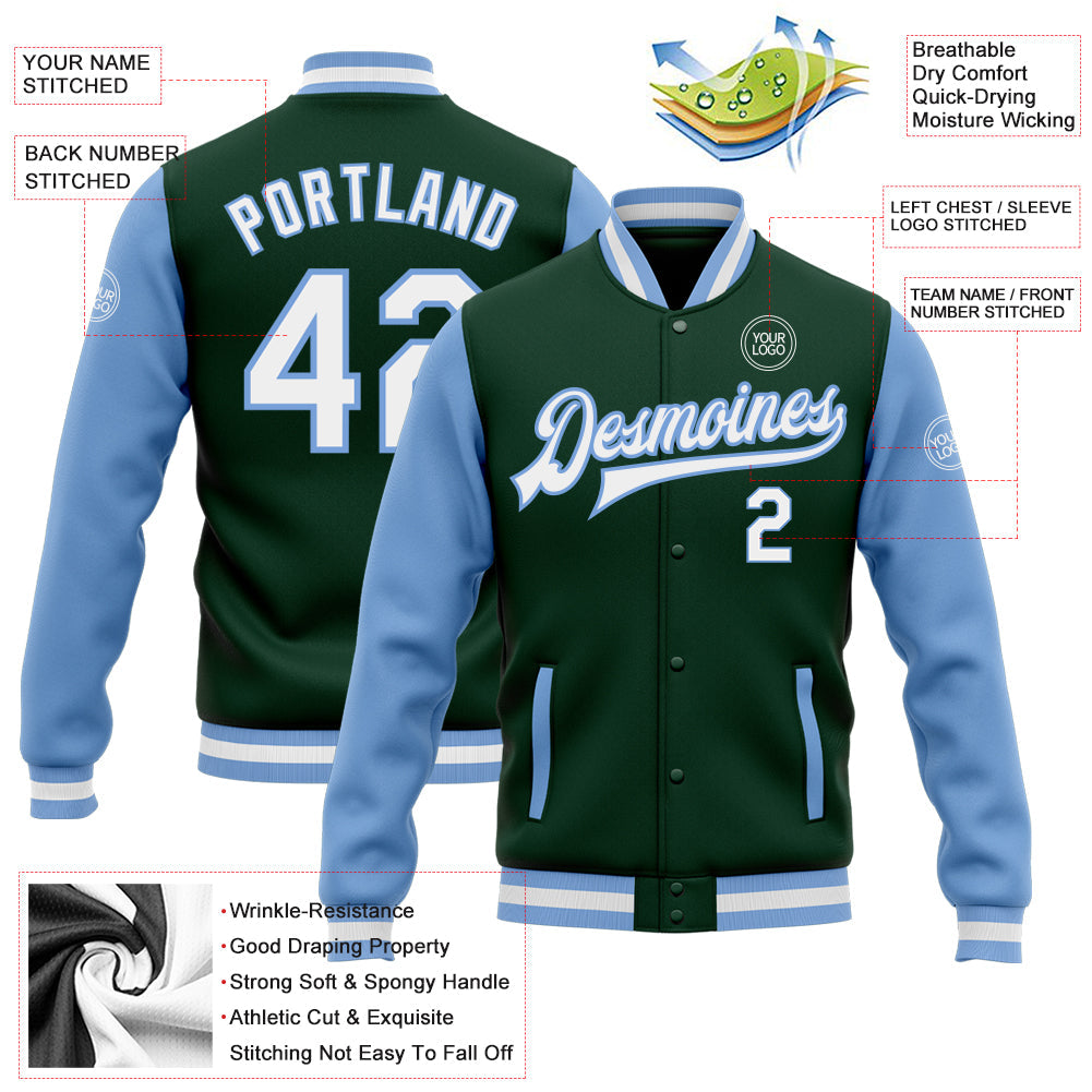 Custom Green White-Light Blue Bomber Full-Snap Varsity Letterman Two Tone Jacket view 5