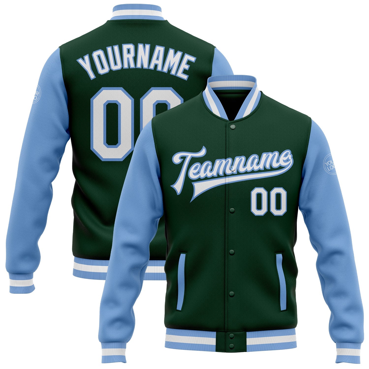 Custom Green White-Light Blue Bomber Full-Snap Varsity Letterman Two Tone Jacket - Main View