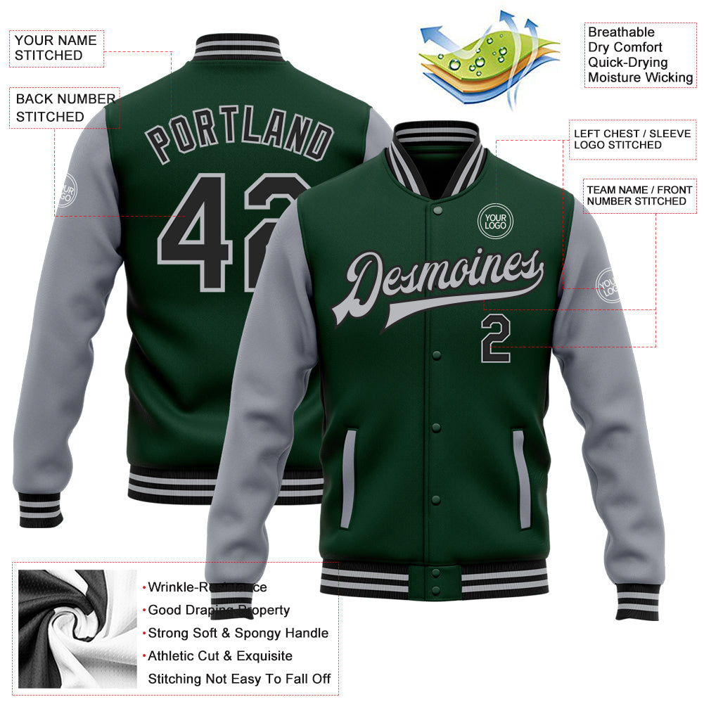 Custom Green Black-Gray Bomber Full-Snap Varsity Letterman Two Tone Jacket view 5