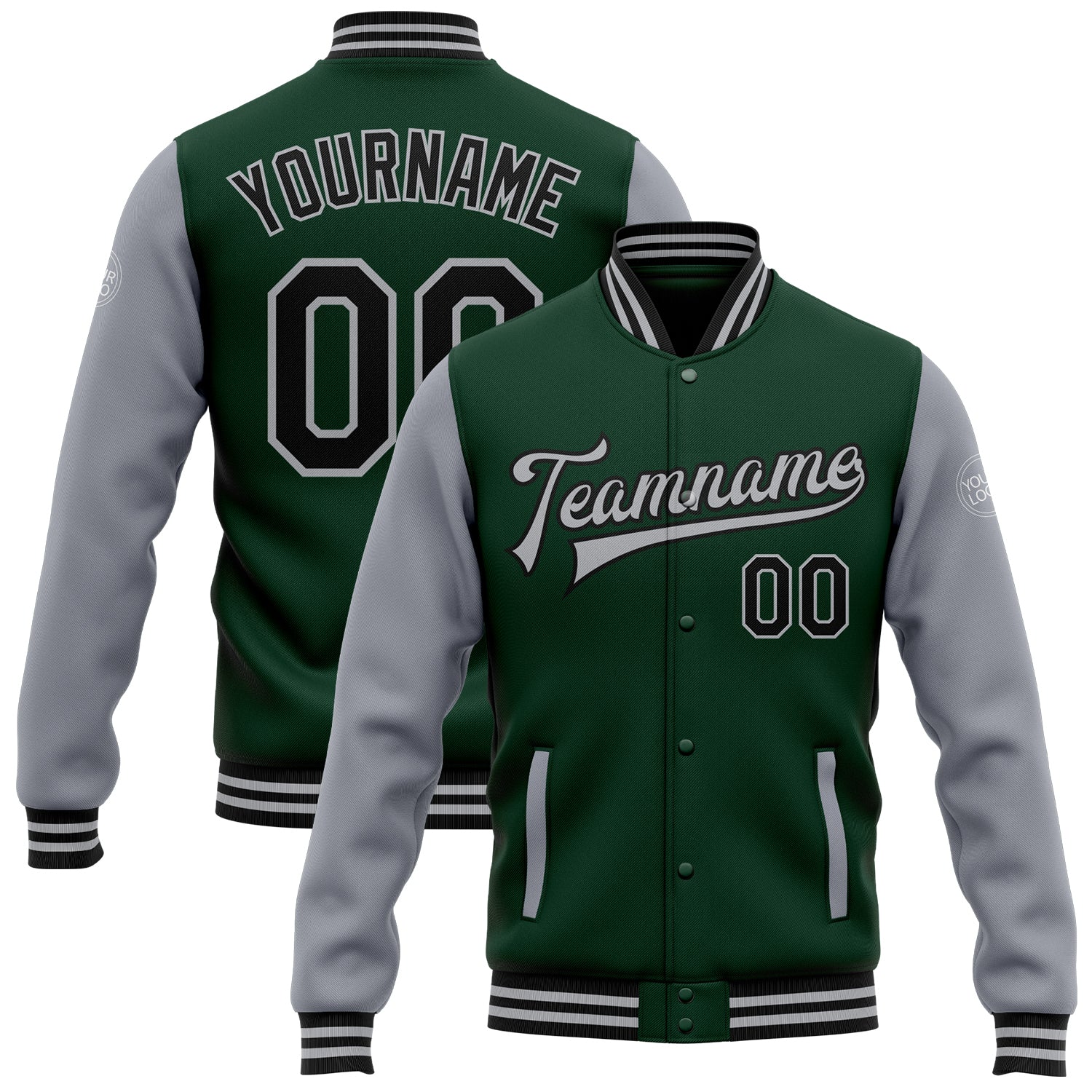 Custom Green Black-Gray Bomber Full-Snap Varsity Letterman Two Tone Jacket - Main View