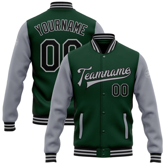 Custom Green Black-Gray Bomber Full-Snap Varsity Letterman Two Tone Jacket - Main View
