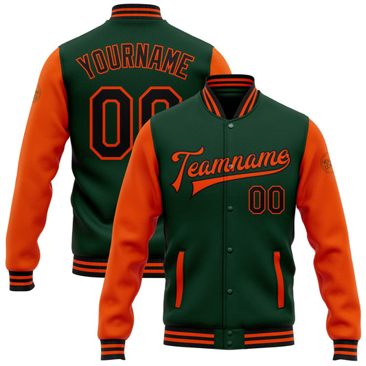 Custom Green Black-Orange Bomber Full-Snap Varsity Letterman Two Tone Jacket - Main View