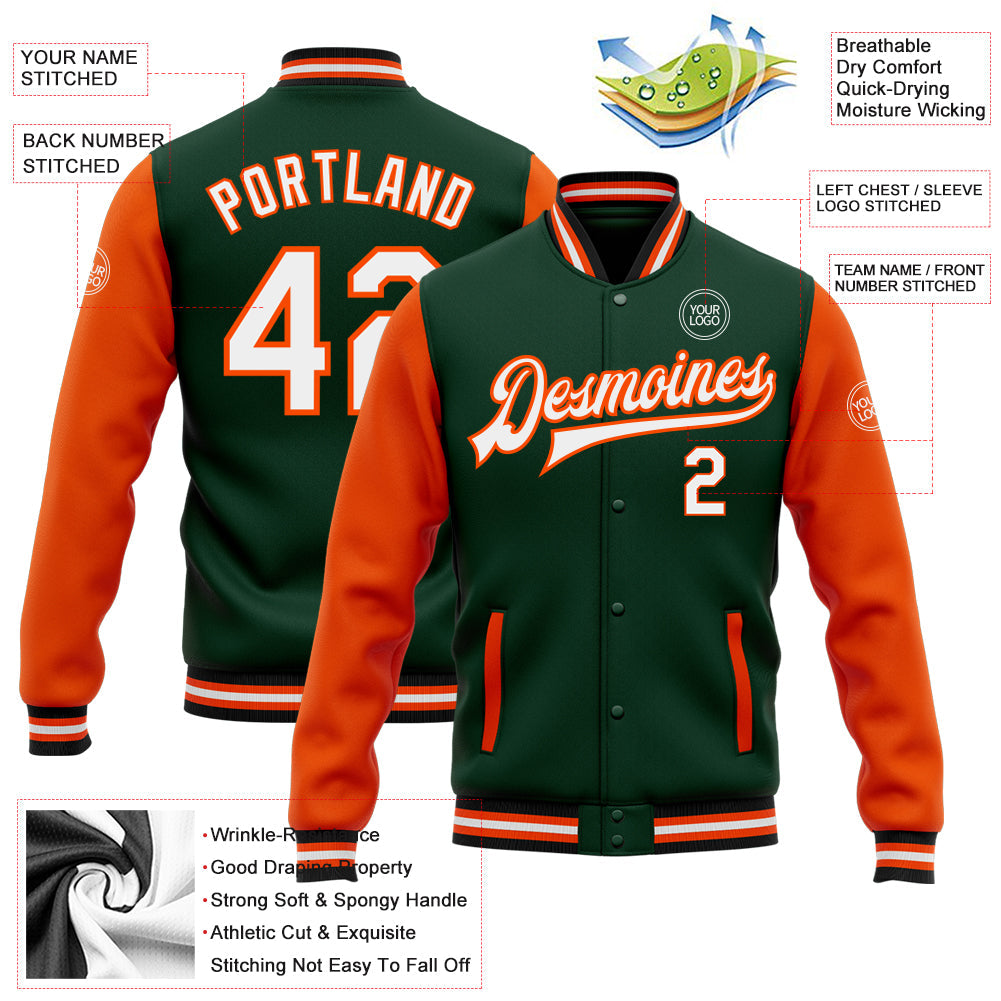 Custom Green White Orange-Black Bomber Full-Snap Varsity Letterman Two Tone Jacket view 5