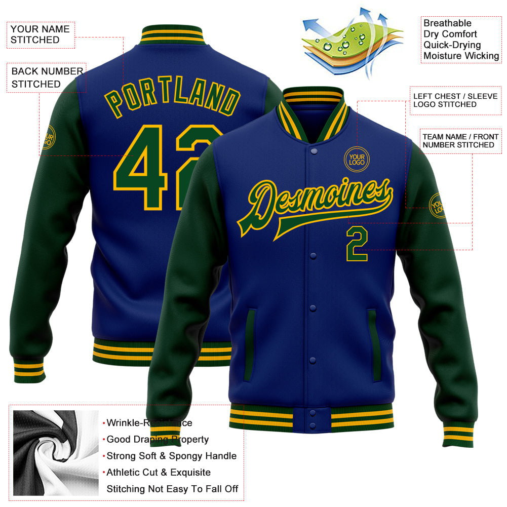 Custom Royal Green-Gold Bomber Full-Snap Varsity Letterman Two Tone Jacket view 5