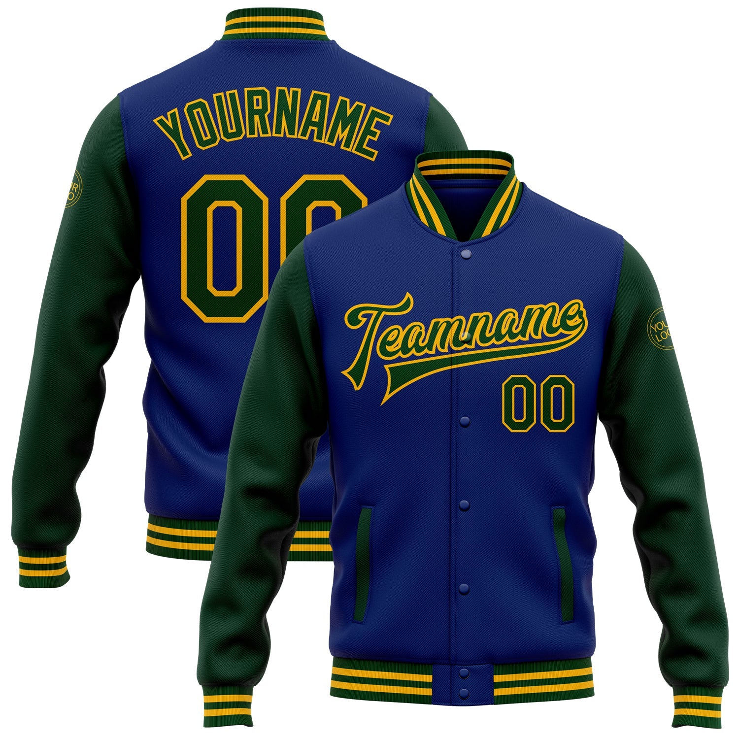 Custom Royal Green-Gold Bomber Full-Snap Varsity Letterman Two Tone Jacket - Main View