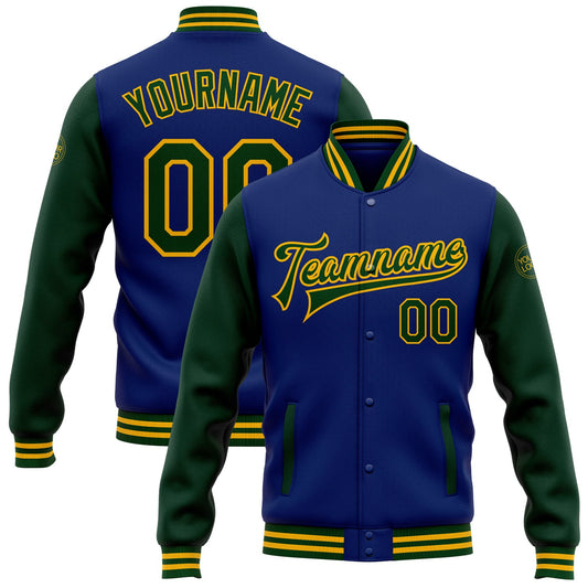Custom Royal Green-Gold Bomber Full-Snap Varsity Letterman Two Tone Jacket - Main View