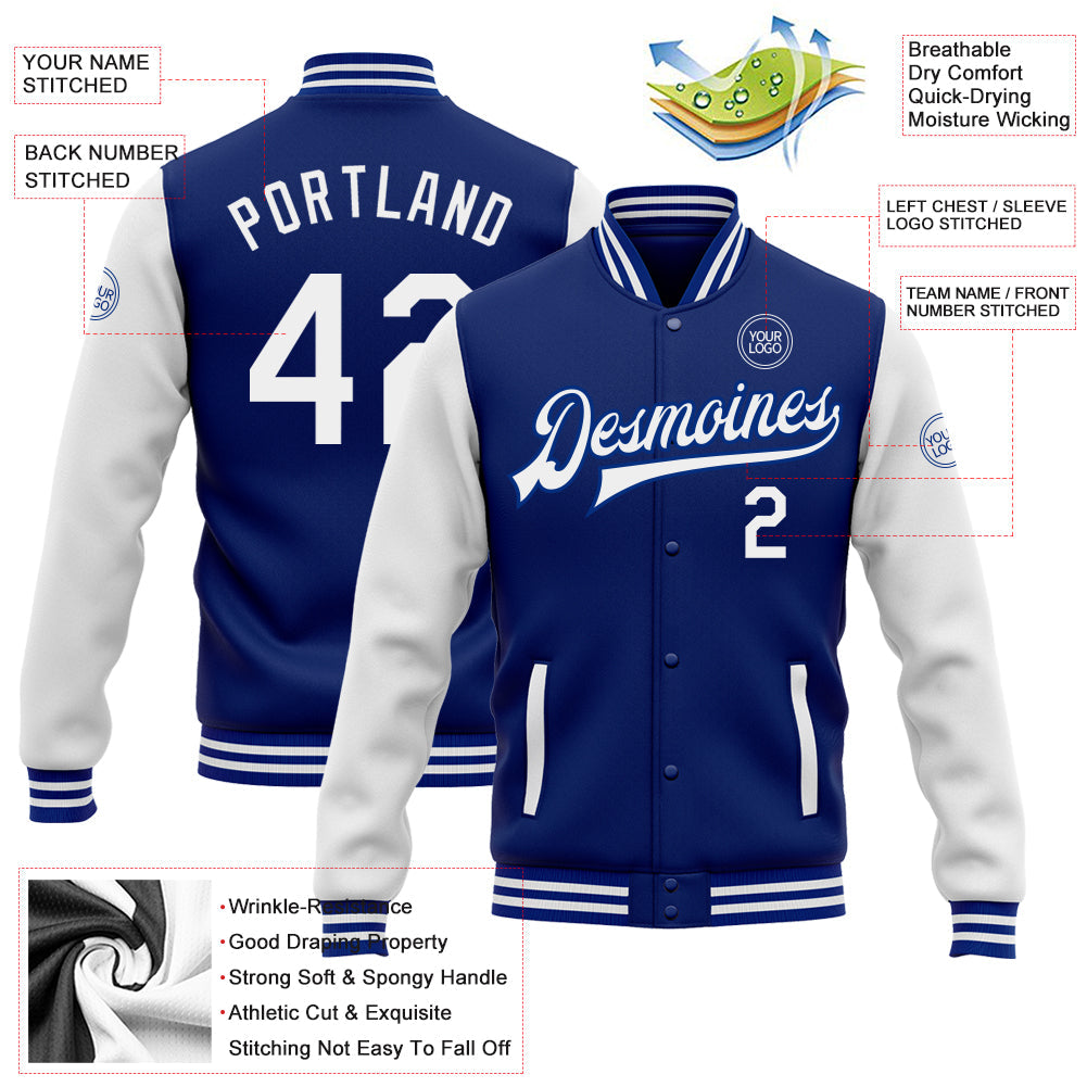 Custom Royal White Bomber Full-Snap Varsity Letterman Two Tone Jacket view 5