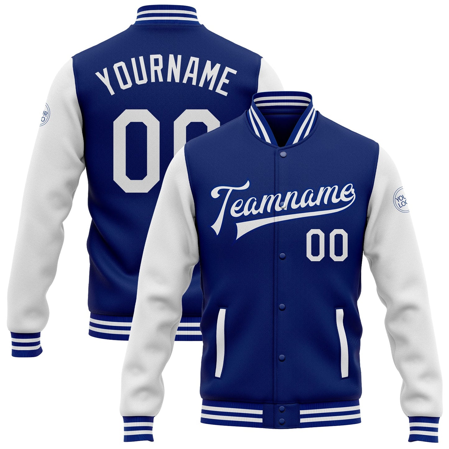 Custom Royal White Bomber Full-Snap Varsity Letterman Two Tone Jacket - Main View