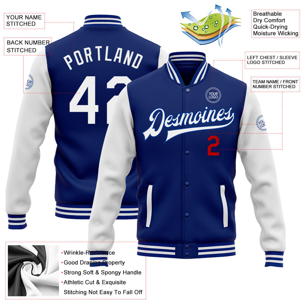 Custom Royal White-Red Bomber Full-Snap Varsity Letterman Two Tone Jacket view 5