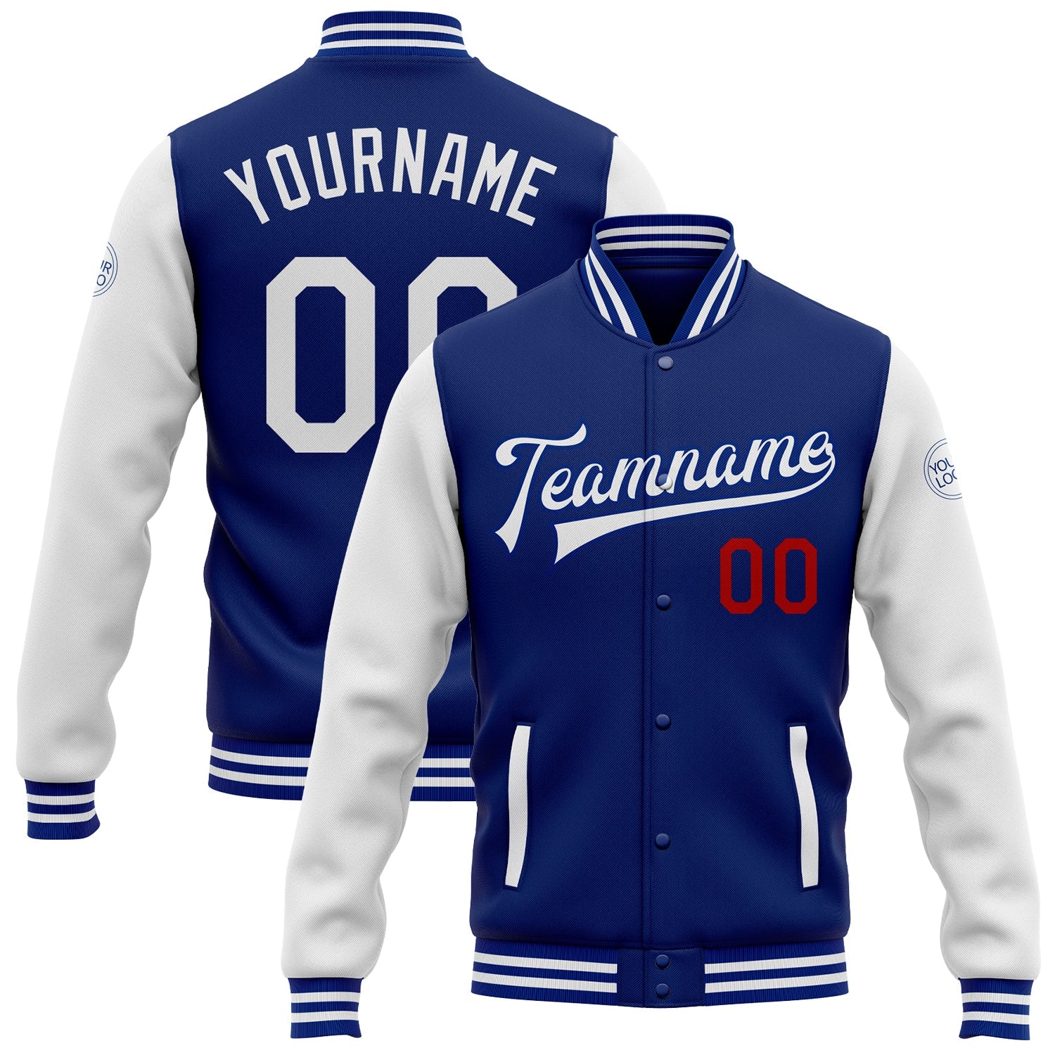 Custom Royal White-Red Bomber Full-Snap Varsity Letterman Two Tone Jacket - Main View