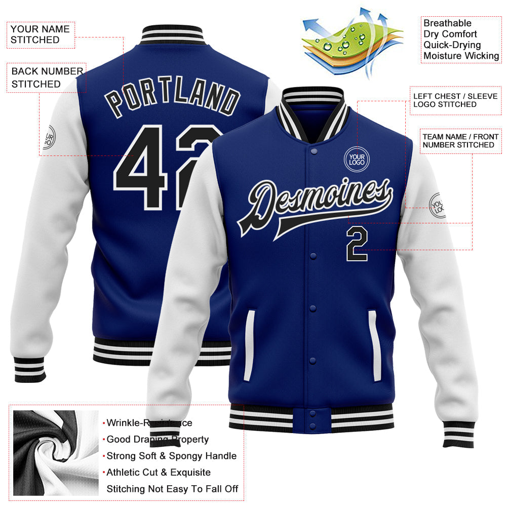 Custom Royal Black-White Bomber Full-Snap Varsity Letterman Two Tone Jacket view 5