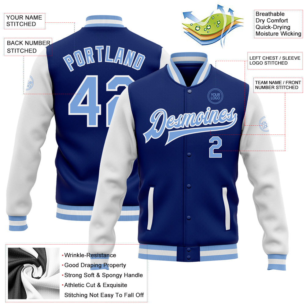 Custom Royal Light Blue-White Bomber Full-Snap Varsity Letterman Two Tone Jacket view 5