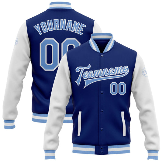 Custom Royal Light Blue-White Bomber Full-Snap Varsity Letterman Two Tone Jacket - Main View