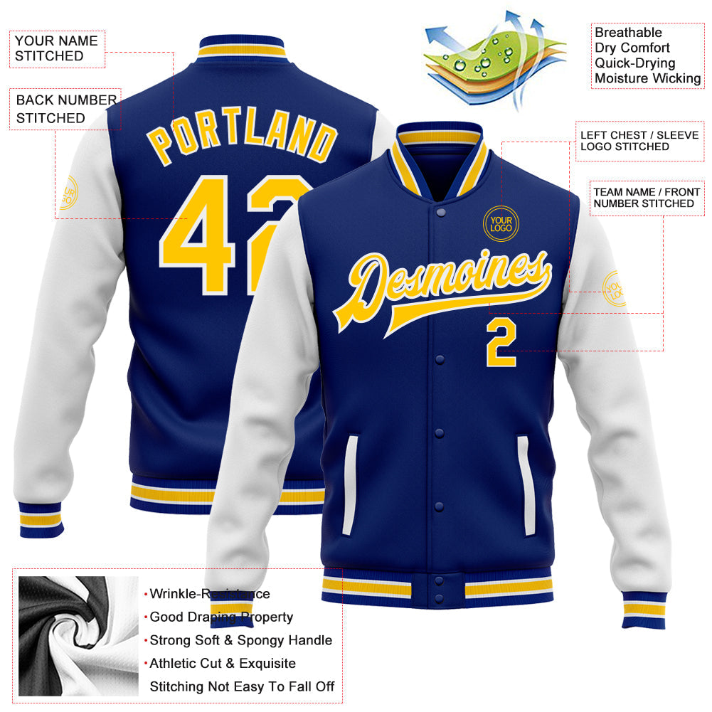 Custom Royal Yellow-White Bomber Full-Snap Varsity Letterman Two Tone Jacket view 5