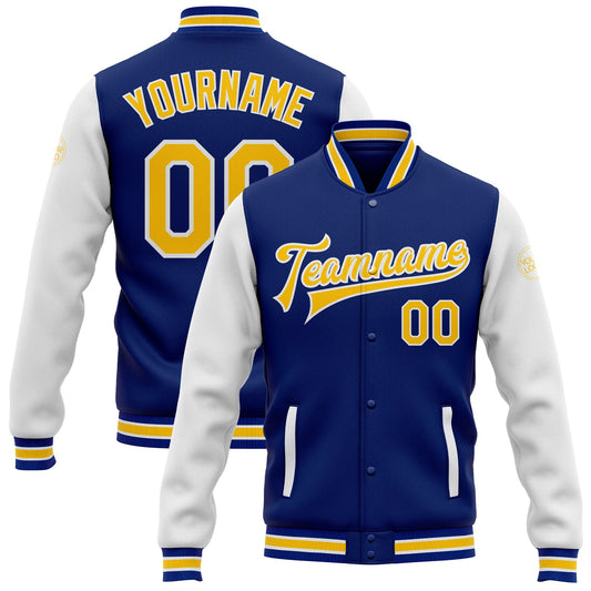 Custom Royal Yellow-White Bomber Full-Snap Varsity Letterman Two Tone Jacket - Main View