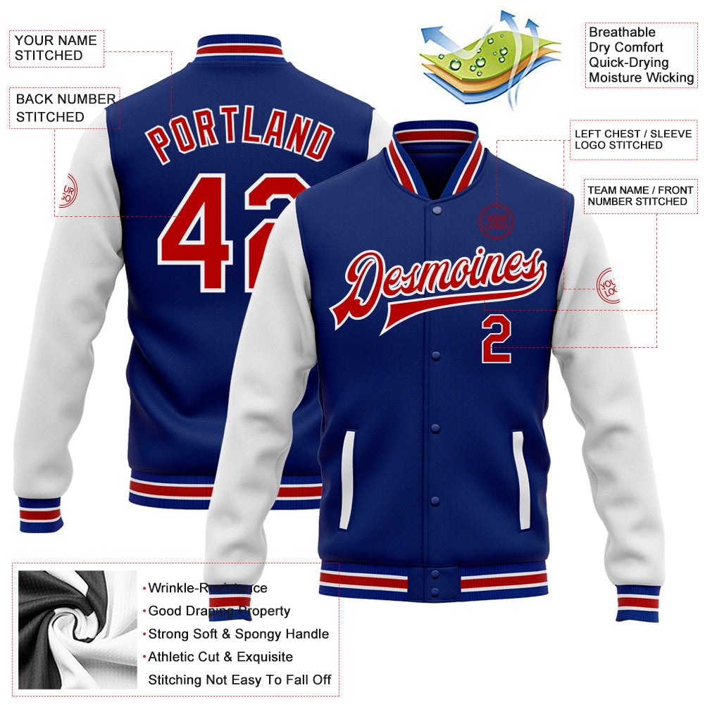 Custom Royal Red-White Bomber Full-Snap Varsity Letterman Two Tone Jacket view 5