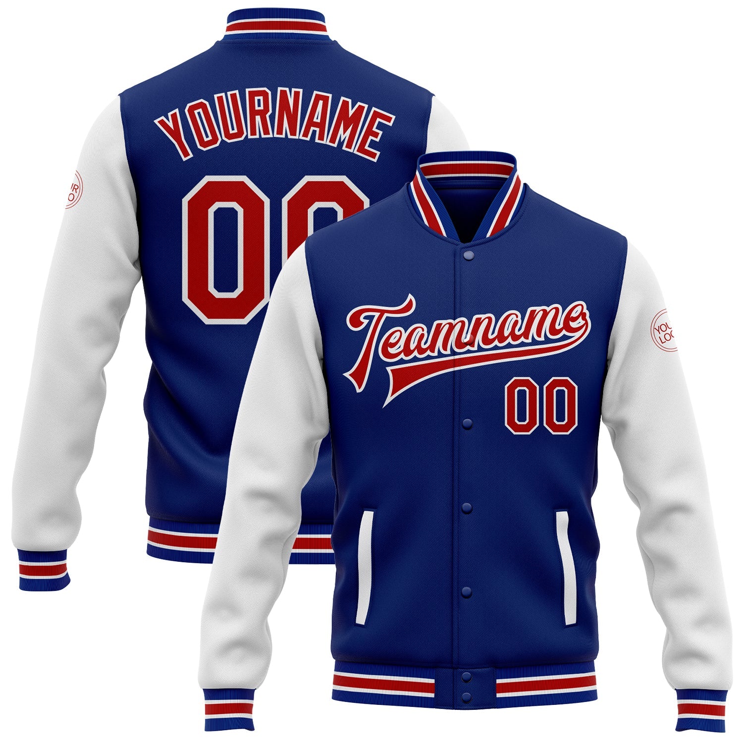 Custom Royal Red-White Bomber Full-Snap Varsity Letterman Two Tone Jacket - Main View
