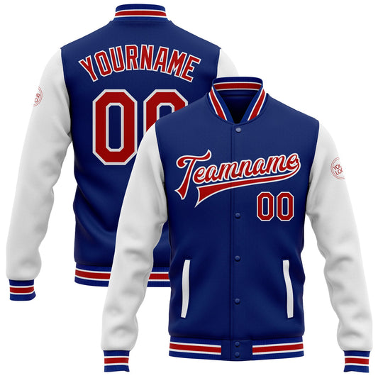 Custom Royal Red-White Bomber Full-Snap Varsity Letterman Two Tone Jacket - Main View
