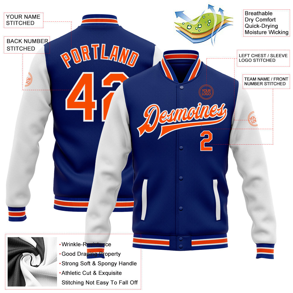 Custom Royal Orange-White Bomber Full-Snap Varsity Letterman Two Tone Jacket view 5