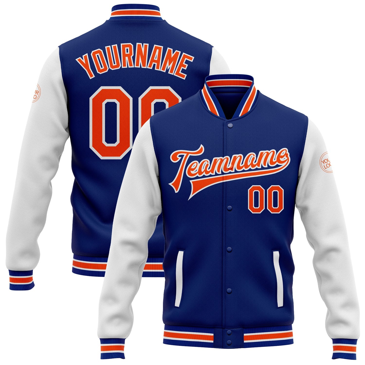 Custom Royal Orange-White Bomber Full-Snap Varsity Letterman Two Tone Jacket - Main View