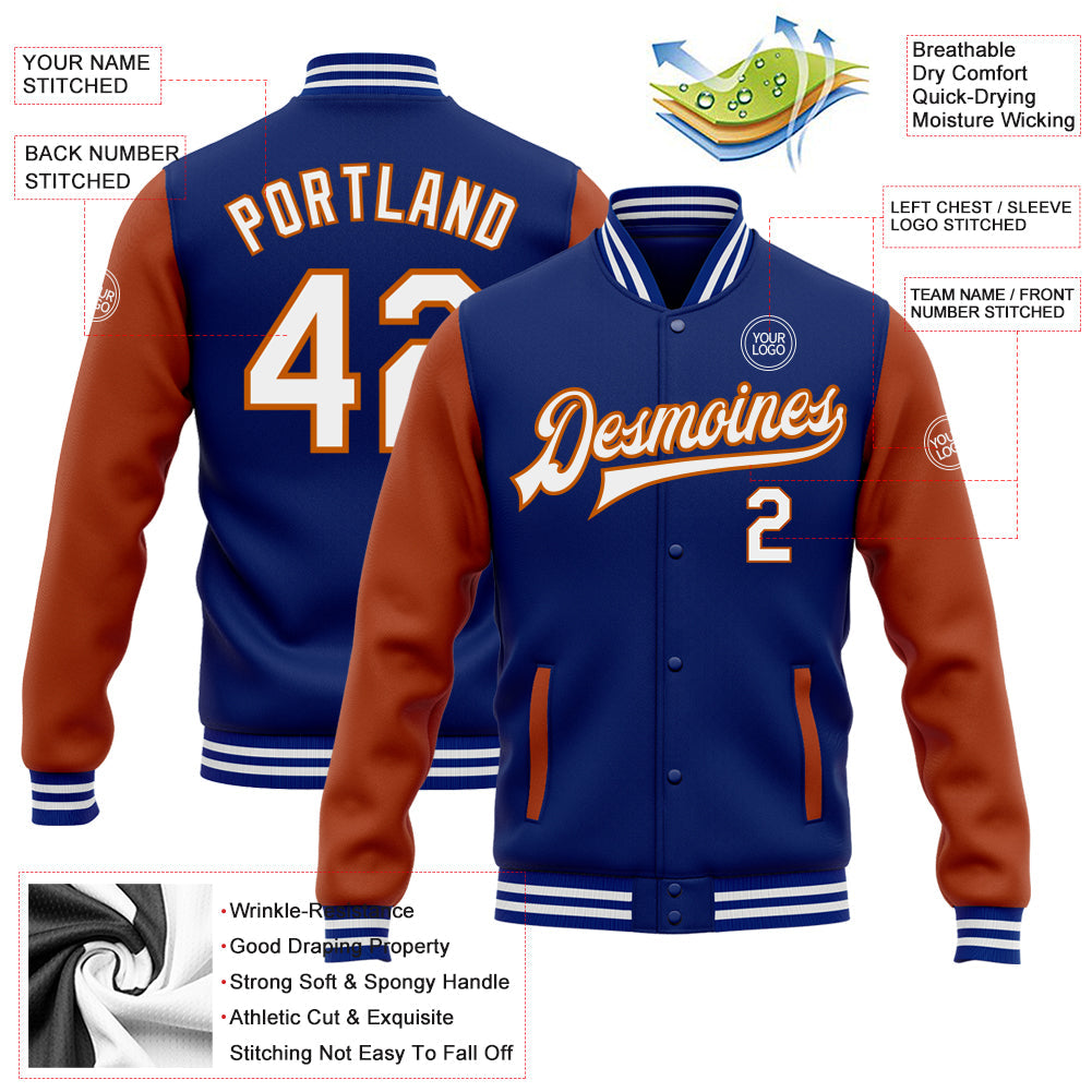 Custom Royal White-Texas Orange Bomber Full-Snap Varsity Letterman Two Tone Jacket view 5