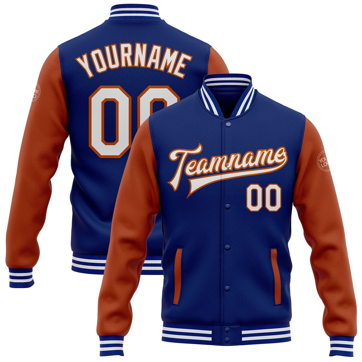 Custom Royal White-Texas Orange Bomber Full-Snap Varsity Letterman Two Tone Jacket - Main View