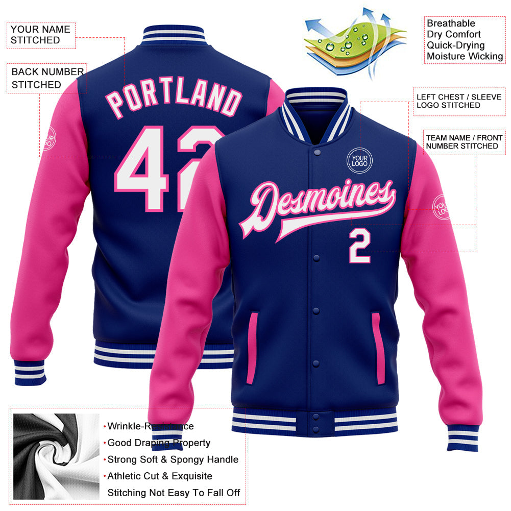Custom Royal White-Pink Bomber Full-Snap Varsity Letterman Two Tone Jacket view 5