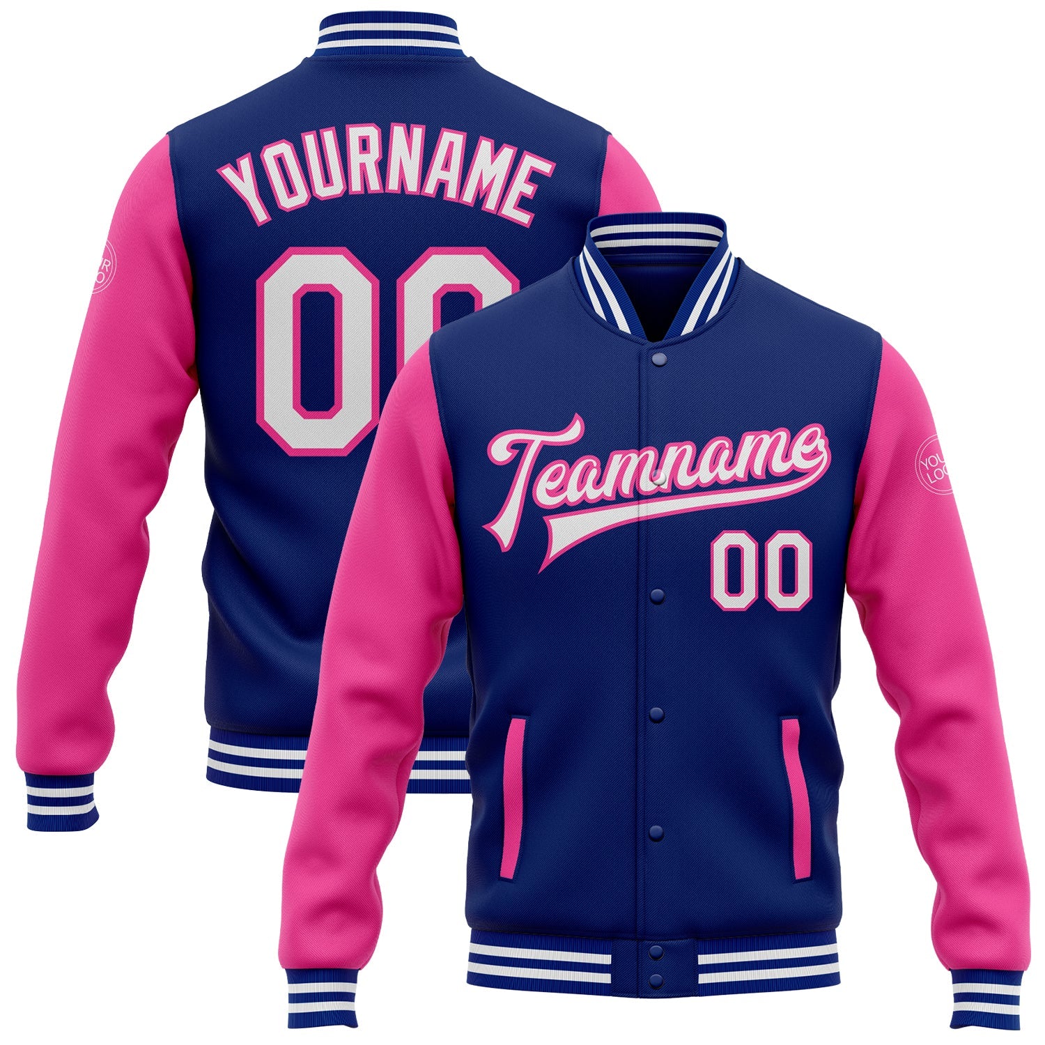 Custom Royal White-Pink Bomber Full-Snap Varsity Letterman Two Tone Jacket - Main View