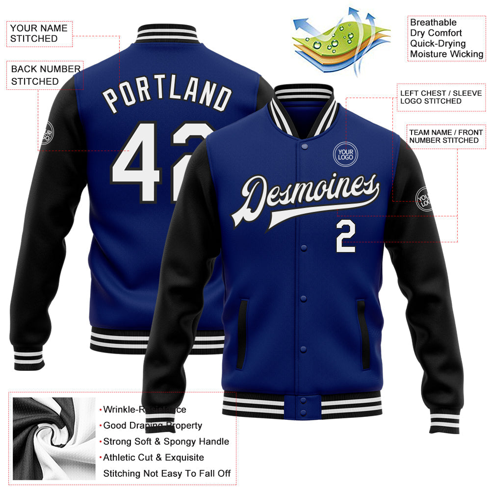 Custom Royal White-Black Bomber Full-Snap Varsity Letterman Two Tone Jacket view 5