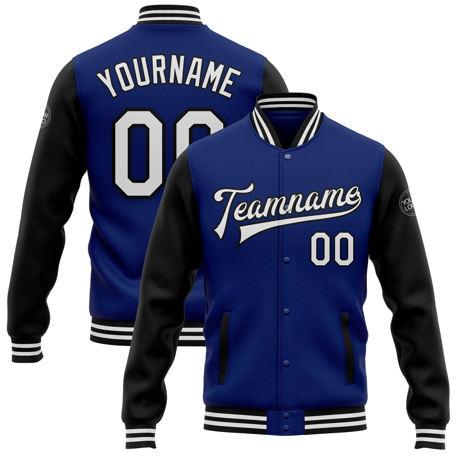 Custom Royal White-Black Bomber Full-Snap Varsity Letterman Two Tone Jacket - Main View