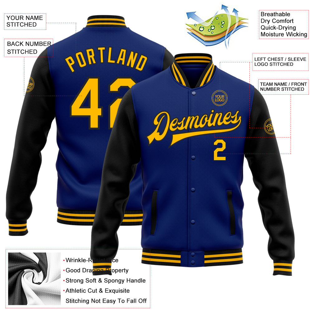 Custom Royal Gold-Black Bomber Full-Snap Varsity Letterman Two Tone Jacket view 5