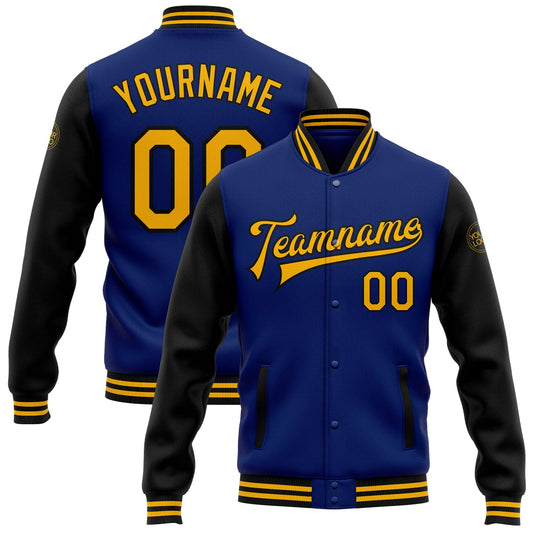 Custom Royal Gold-Black Bomber Full-Snap Varsity Letterman Two Tone Jacket - Main View
