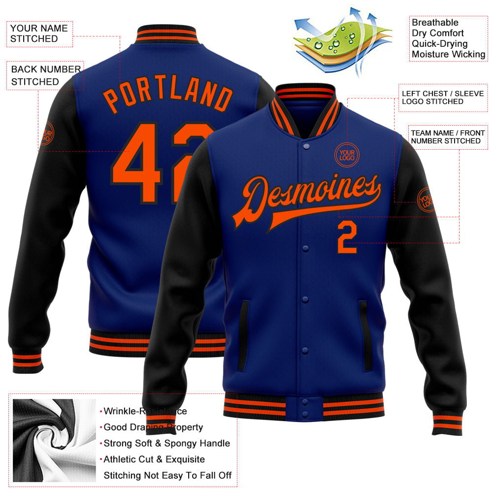 Custom Royal Orange-Black Bomber Full-Snap Varsity Letterman Two Tone Jacket view 5