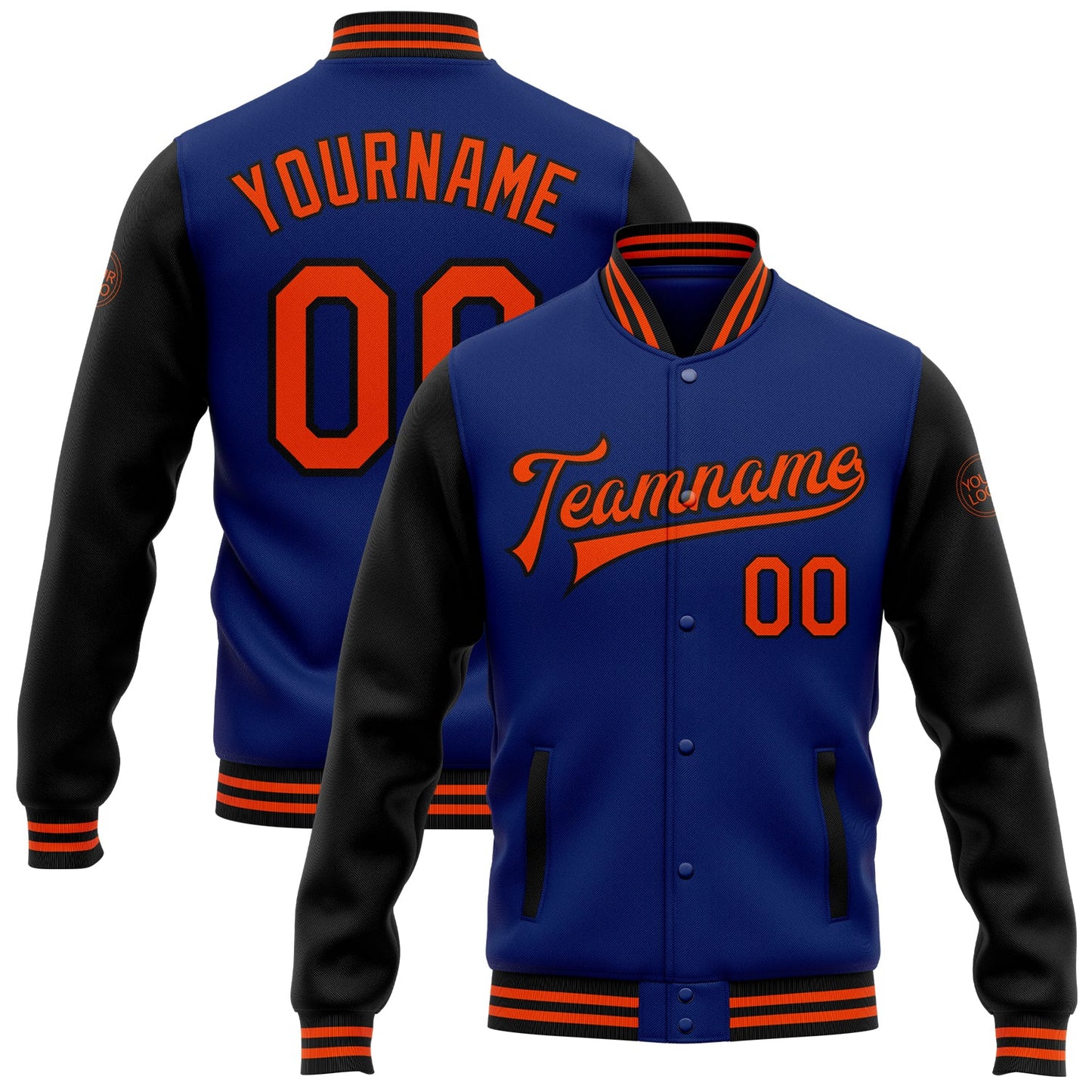 Custom Royal Orange-Black Bomber Full-Snap Varsity Letterman Two Tone Jacket - Main View