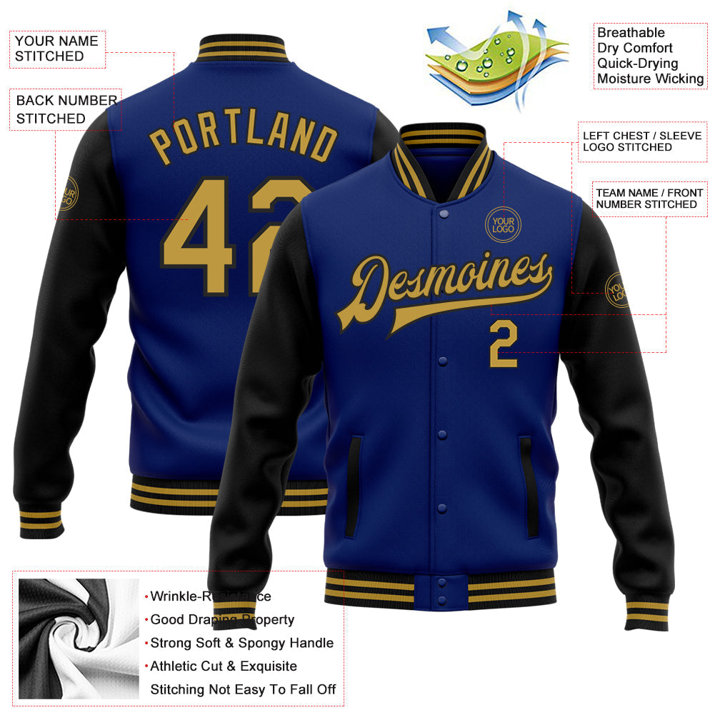 Custom Royal Old Gold-Black Bomber Full-Snap Varsity Letterman Two Tone Jacket view 5