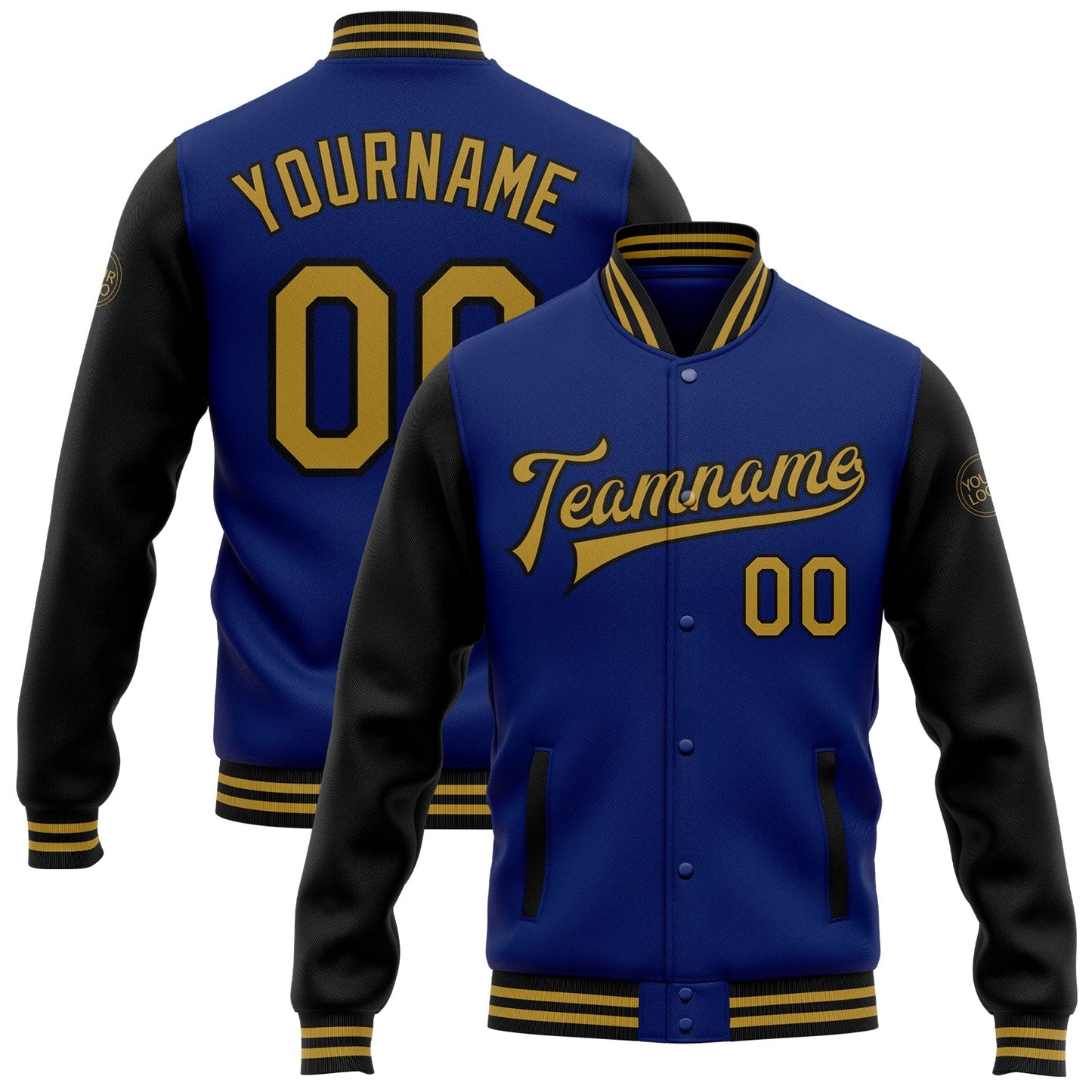 Custom Royal Old Gold-Black Bomber Full-Snap Varsity Letterman Two Tone Jacket - Main View