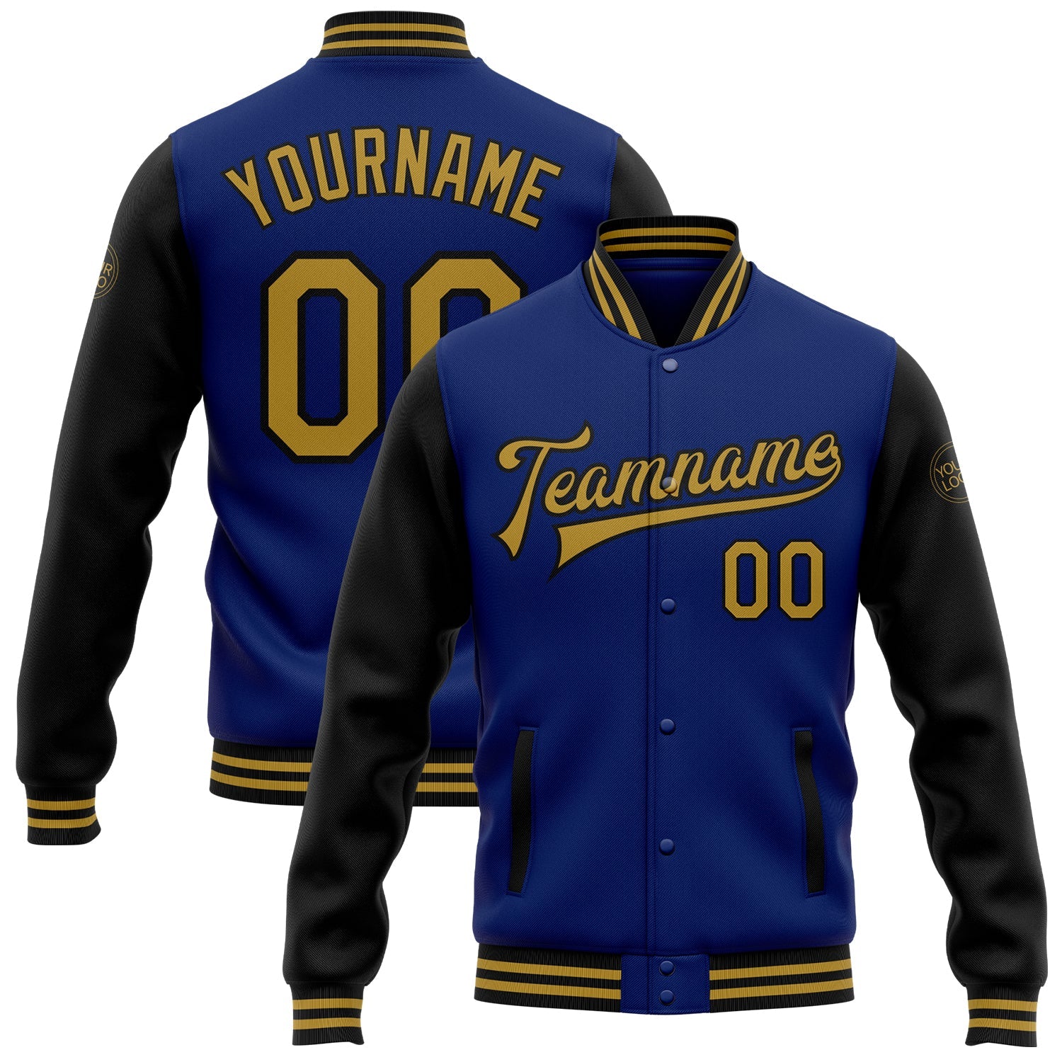 Custom Royal Old Gold-Black Bomber Full-Snap Varsity Letterman Two Tone Jacket - Main View